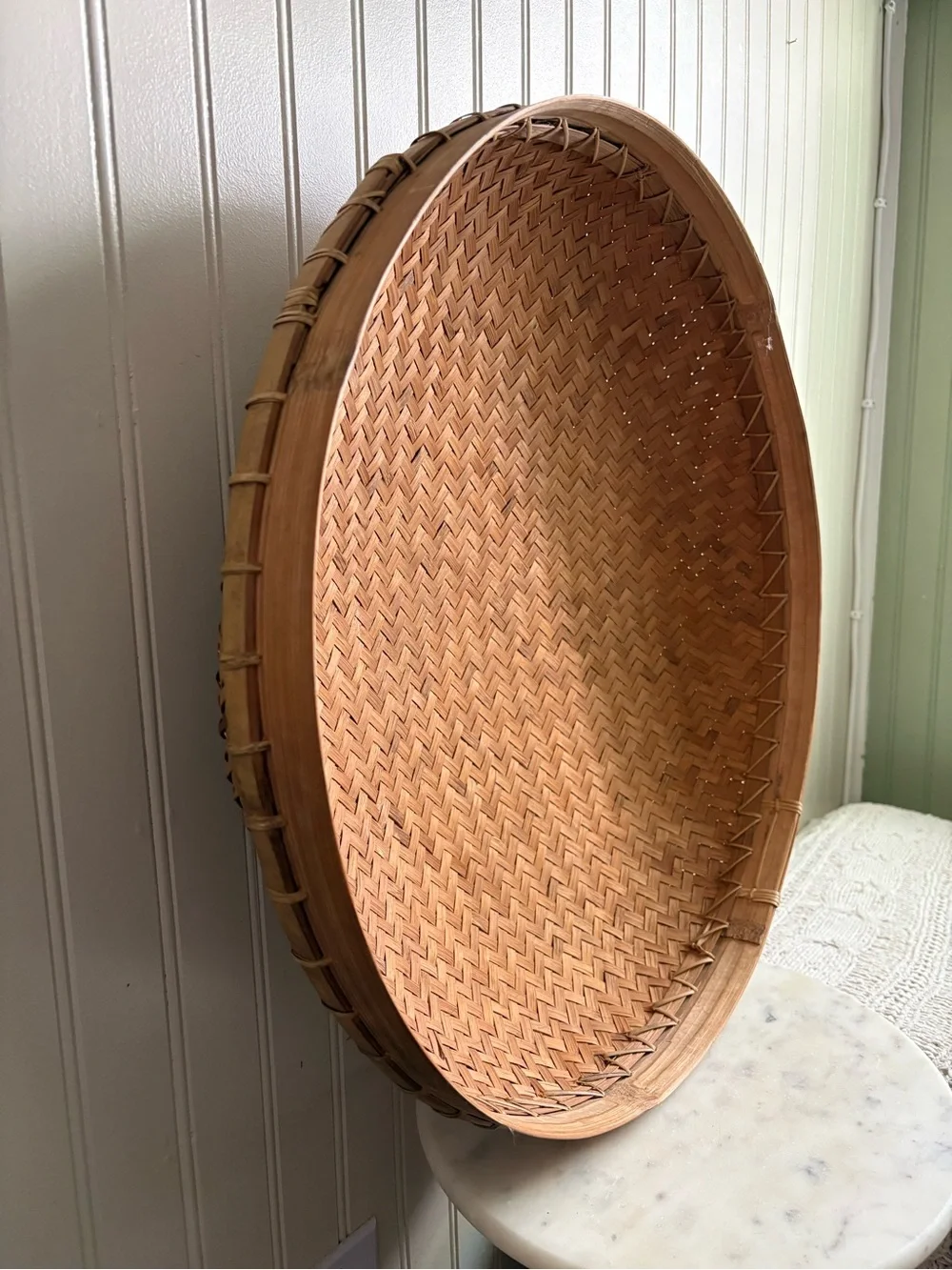 Vintage Large Woven Bamboo Asian Winnowing Basket Brown 20” Diameter Traditional